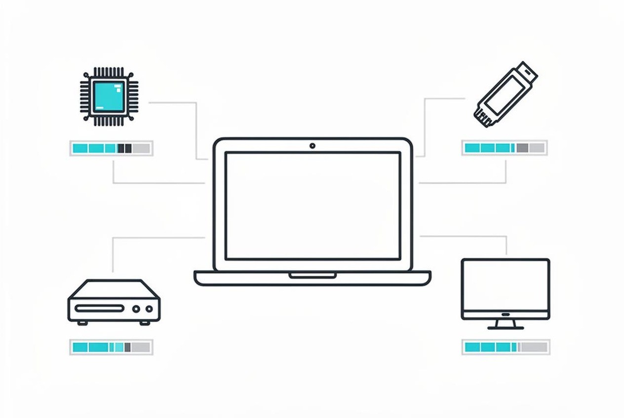 Spec sheet icons for processor, memory, storage and screen