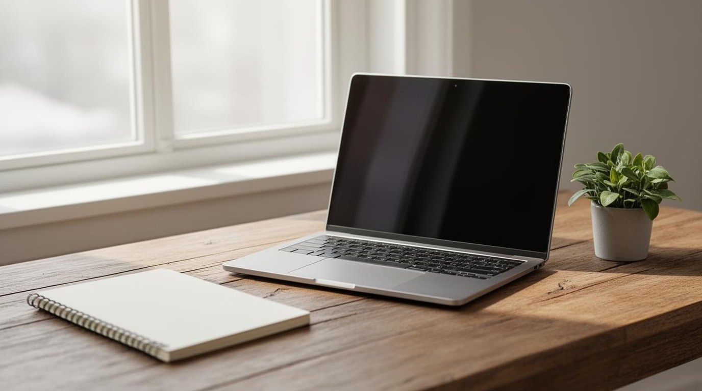 Open laptop on a wooden desk with a notebook and a small plant
