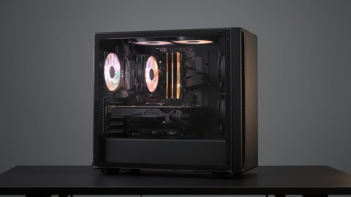 Mid-tower PC with clear side panel and soft internal lighting