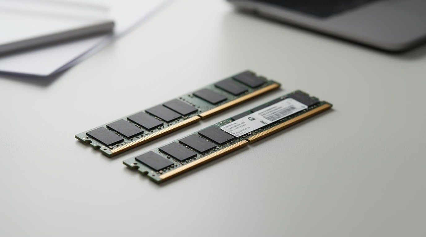 Close view of memory modules and a small solid-state drive on a clean desk