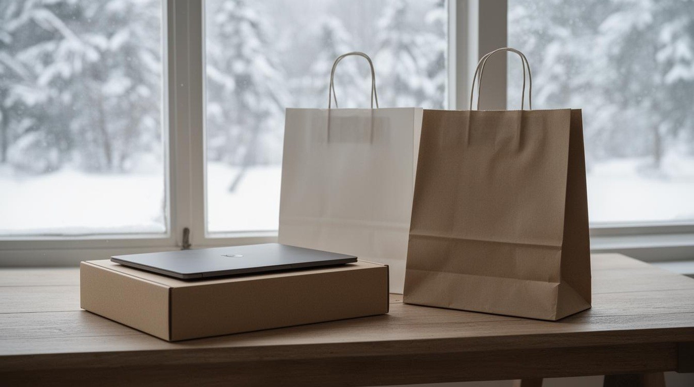 Shopping bags and a laptop box on a table near a window in winter light